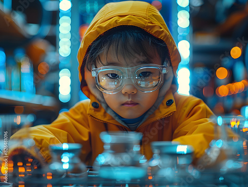 A scientist and a child in a laboratory during the winter holiday season photo