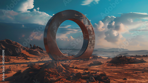 A large metal ring stands in the middle of a desert.

 photo