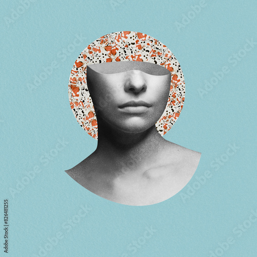 Abstract and surreal woman portrait illustration collage. Grunge and grain effect. Woman's face without upper head part. Circle with butterfly pattern behind head on soft blue background