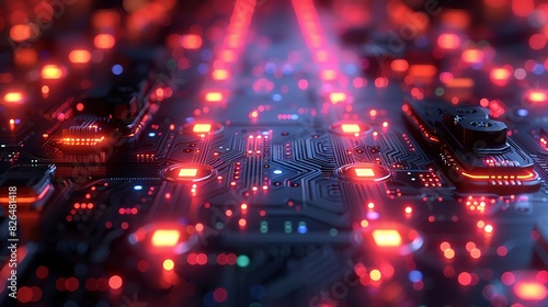 Abstract close-up of illuminated circuit board with red and blue lights representing modern technology and electronic innovation.