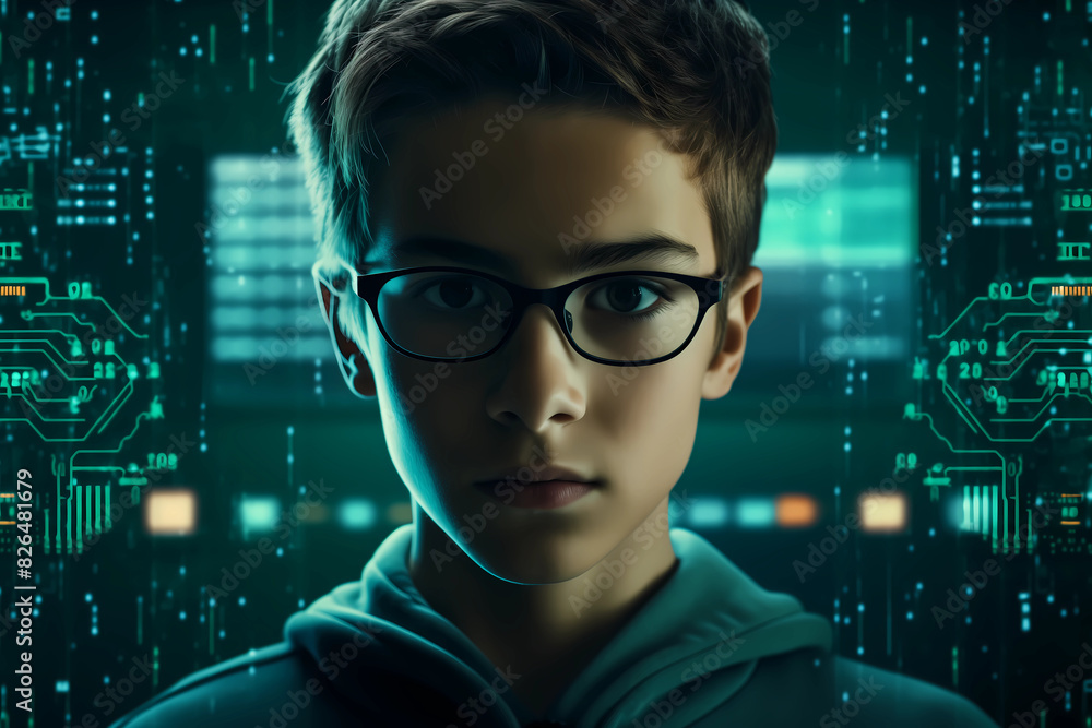 Portrait of a nerd boy with eyeglasses and all around you see futuristic technological and cyber graphics. Concept of: future, online security, hacker and connection. Portrait of a nerd boy with eyeglasses and all around you see futuristic technological and cyber graphics. Concept of: future, online security, hacker and connection.
