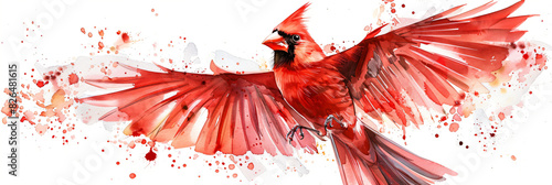 Vibrant watercolor painting of a red cardinal in flight, perfect for artistic designs, nature illustrations, and creative projects highlighting colorful wildlife