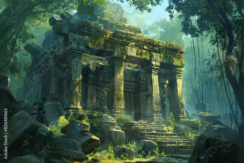 Digital painting depicting sunlit ancient ruins engulfed by a lush, mystical forest © anatolir