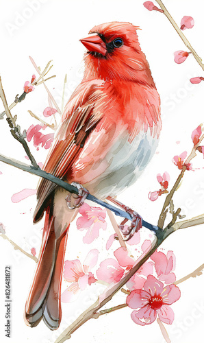 Beautiful watercolor illustration of a red cardinal perched on a blooming branch, perfect for nature-inspired designs and spring-themed projects