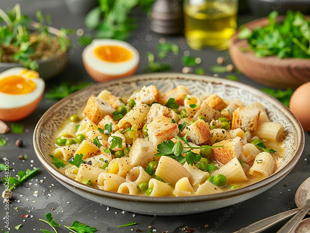 Bowl of pasta with peas and eggs Bowl of pasta with peas and eggs