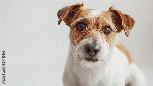 Friendly dog wagging its tail on a white background