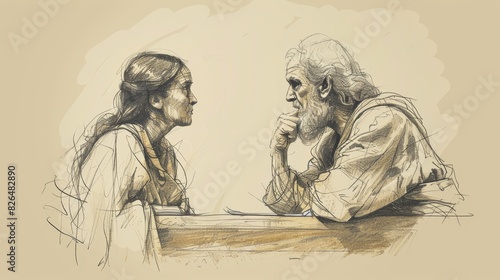 Parable of Unjust Judge, Persistent Widow Pleading for Justice, Judge Finally Relenting, Biblical Illustration, Beige Background, Copyspace photo