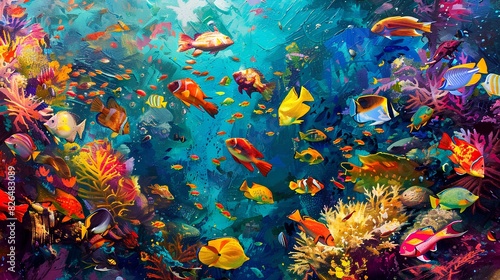 A colorful array of tropical fish congregating around a vibrant coral bommie  their dazzling hues creating a living kaleidoscope of underwater beauty.