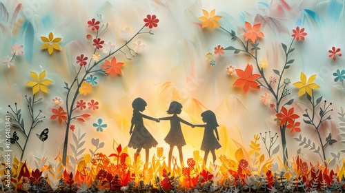 A beautiful paper art depicting three children holding hands, surrounded by vibrant flowers and nature, symbolizing friendship, innocence, and joy.