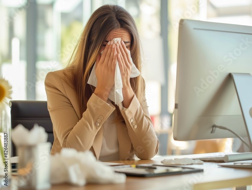 A businesswoman in a beige blazer sits at her desk, covering her face with tissues, indicating stress or illness.