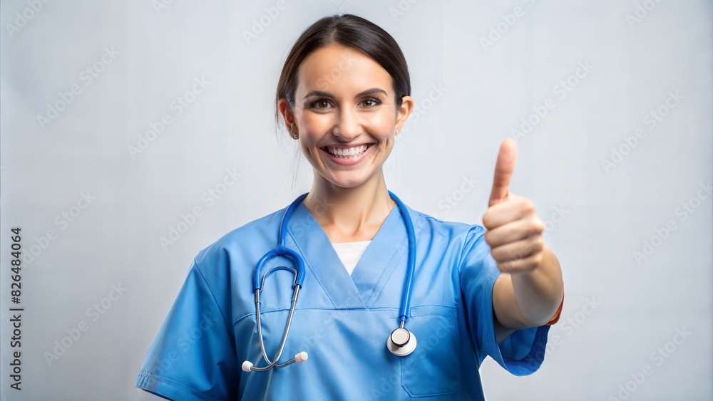 Thumbs Up Nurse: Nurse in scrubs giving a thumbs up, indicating good care and health services.
Thumbs Up Nurse: Nurse in scrubs giving a thumbs up, indicating good care and health services.