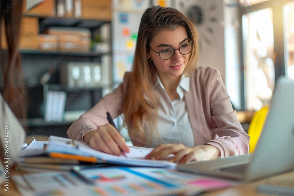 Business woman in a professional office, explaining home insurance policies to a client, high clarity and detail Business woman in a professional office, explaining home insurance policies to a client, high clarity and detail