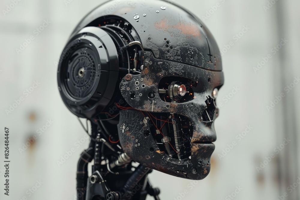 Closeup of a robot head showcasing complex electronics and wet surfaces Closeup of a robot head showcasing complex electronics and wet surfaces