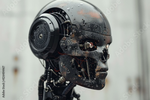 Closeup of a robot head showcasing complex electronics and wet surfaces