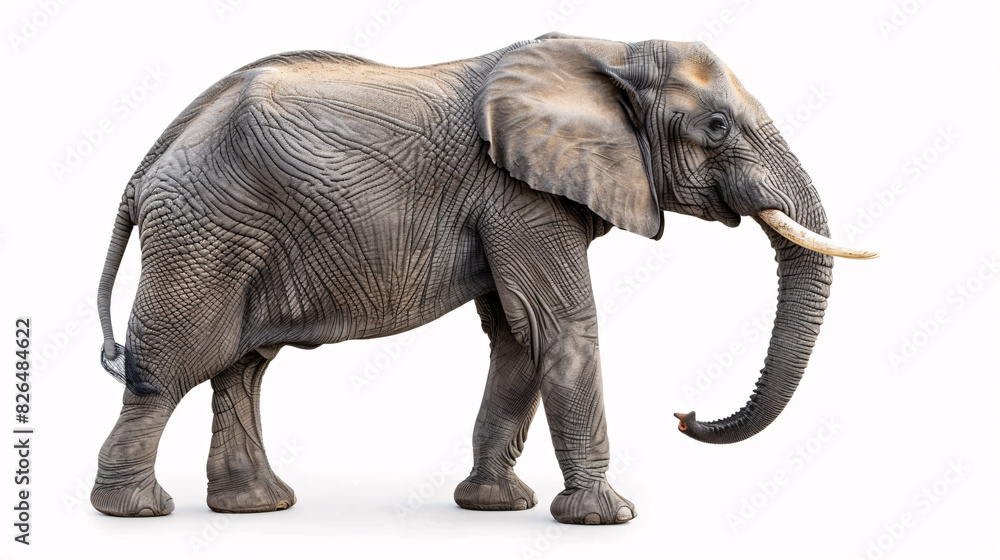 Fototapeta premium Gentle elephant with trunk raised on a white background