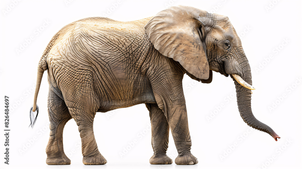 Fototapeta premium Gentle elephant with trunk raised on a white background