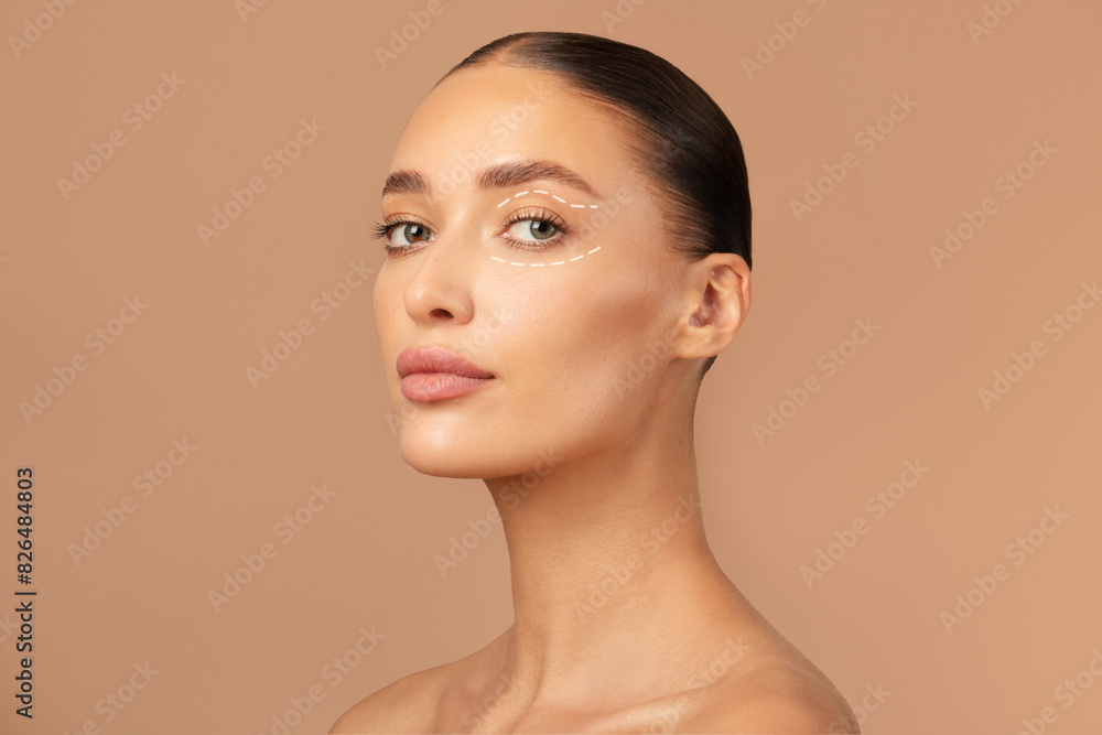 European woman beauty face, healthy clean fresh skin, natural nude make up, lady posing over beige studio background European woman beauty face, healthy clean fresh skin, natural nude make up, lady posing over beige studio background
