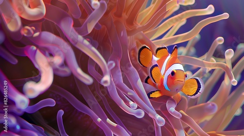 A colorful clownfish darting in and out of the waving tendrils of a sea anemone, seeking shelter and protection within its stinging embrace. photo