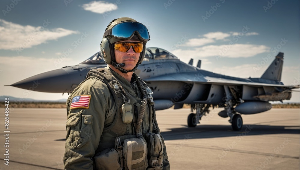 Air Force Pilot Standing By Fighter Jet on Runway Air Force Pilot Standing By Fighter Jet on Runway