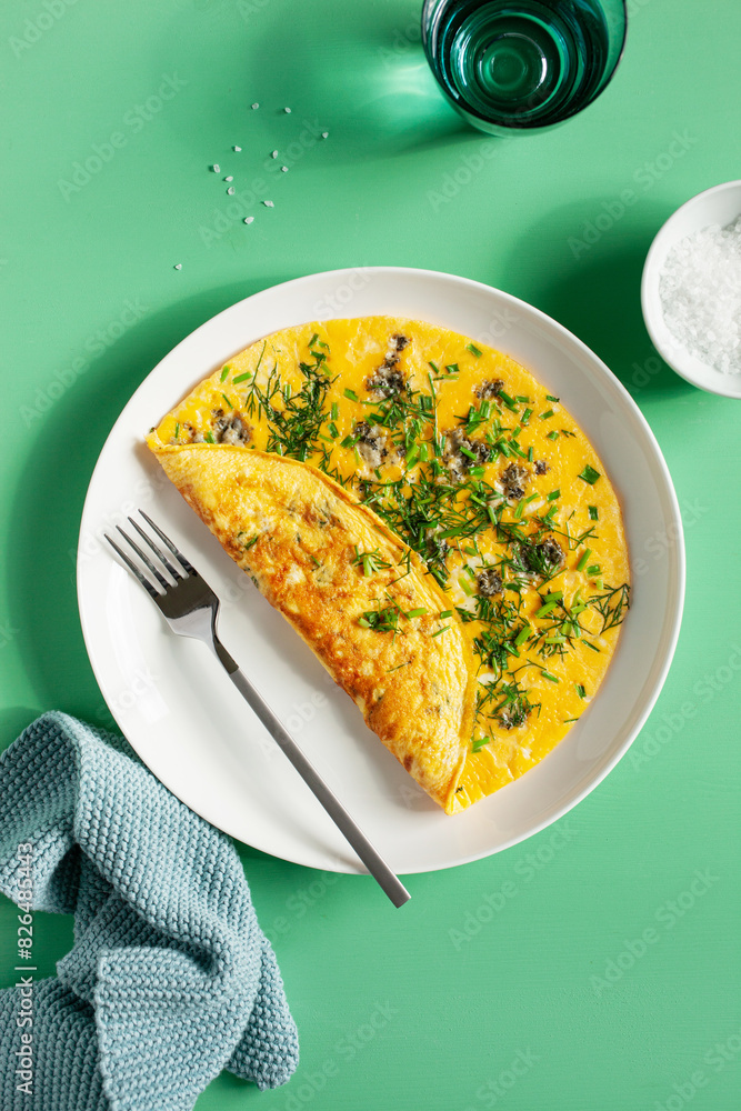 omelette with blue cheese herbs spring onion. healthy keto diet low carb breakfast