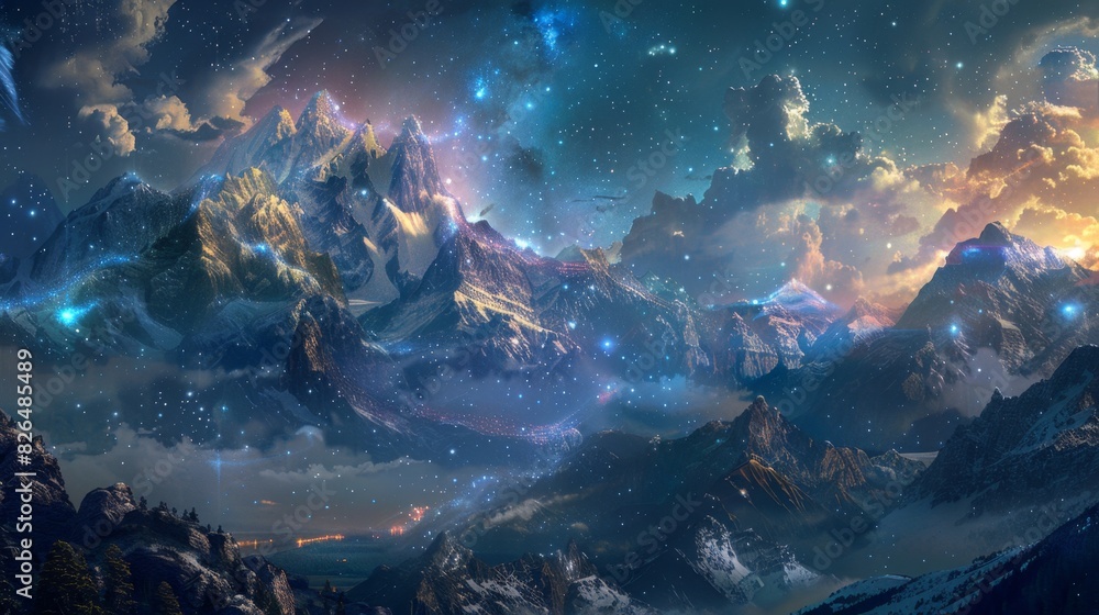 Obraz premium A vibrant blue nebula scattered with stars is the focal point of a breathtaking digital artwork, symbolizing the infinite beauty of outer space.