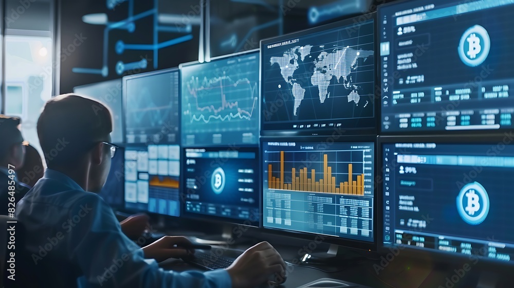 A young male in a dark room with multiple computer screens showing various graphs and charts. A young male in a dark room with multiple computer screens showing various graphs and charts.