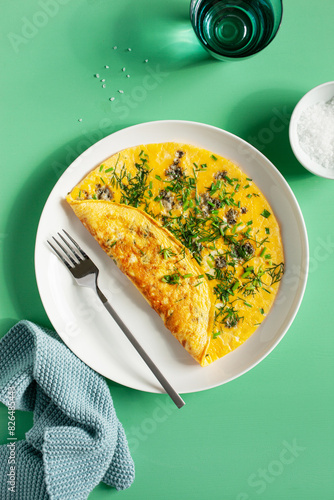 Obraz na płótnie omelette with blue cheese herbs spring onion. healthy keto diet low carb breakfast w salonie