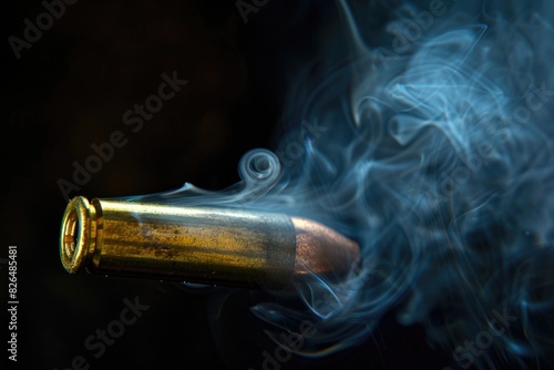 Bullet Casing: Smoking Shell Cartouche Tumbling in Fume photo