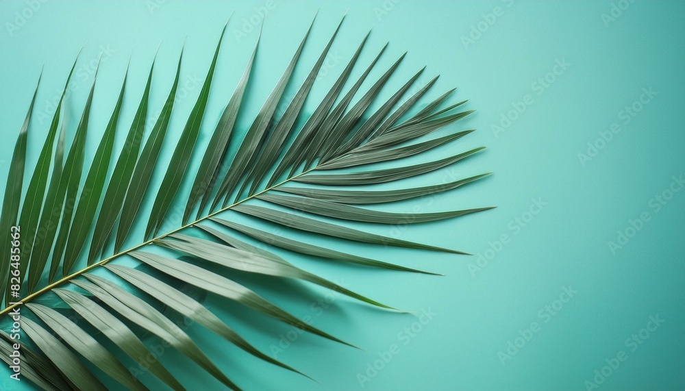 Fototapeta premium Green Palm Leaf: Summer Flat Lay on Pastel Turquoise