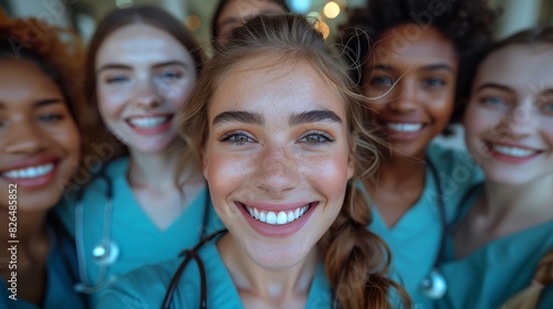 A group of happy nurses in scrubs smiling at the camera, showcasing teamwork and positive energy in a healthcare setting. photo