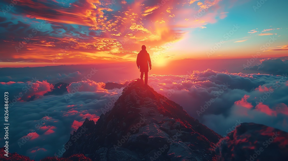 A lone hiker stands on a mountain peak at sunset, surrounded by dramatic clouds and vibrant colors.
