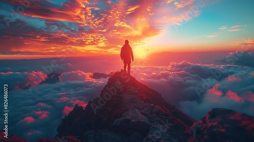A lone hiker stands on a mountain peak at sunset, surrounded by dramatic clouds and vibrant colors. photo