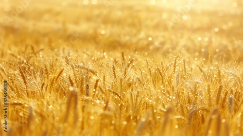 Golden wheat field with morning dew. Beautiful nature landscape with selective focus.