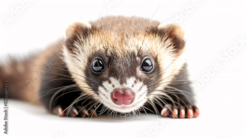 Playful ferret with bright eyes on a white background photo