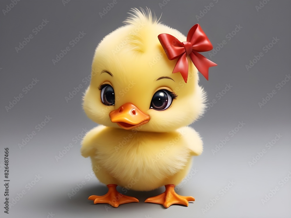 Cute sideways yellow fuzzy duckling. There is a red bow on the head with a spot on the right side of the bow. Cute Kawaii. Cute sideways yellow fuzzy duckling. There is a red bow on the head with a spot on the right side of the bow. Cute Kawaii.
