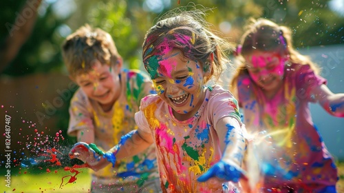 Fun Paint Fight Outdoors: Happy Children Splattering Each Other with Colorful Paint in Bright Daylight Backyard Fun