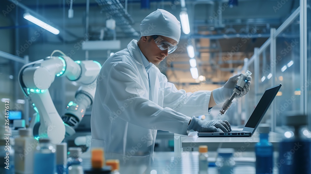 Engineer in white coat works on laptop while robot is working in the background Engineer in white coat works on laptop while robot is working in the background
