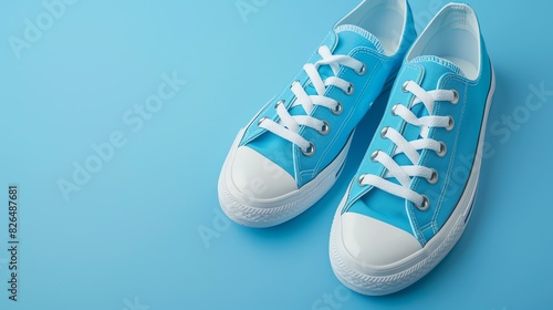 **Converse-style sneakers on a blue background**  A pair of blue converse-style sneakers with white laces on a blue background. photo