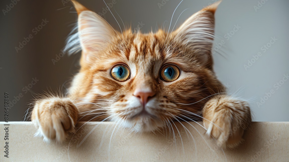 Close-up photo of a curious ginger tabby cat with bright blue eyes peering over a ledge, capturing its inquisitive and adorable expression. Close-up photo of a curious ginger tabby cat with bright blue eyes peering over a ledge, capturing its inquisitive and adorable expression.