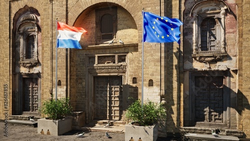Parete storica con bandiera Olanda e bandiera Unione Europea