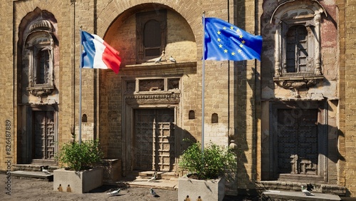 Parete storica con bandiera Francia e bandiera Unione Europea