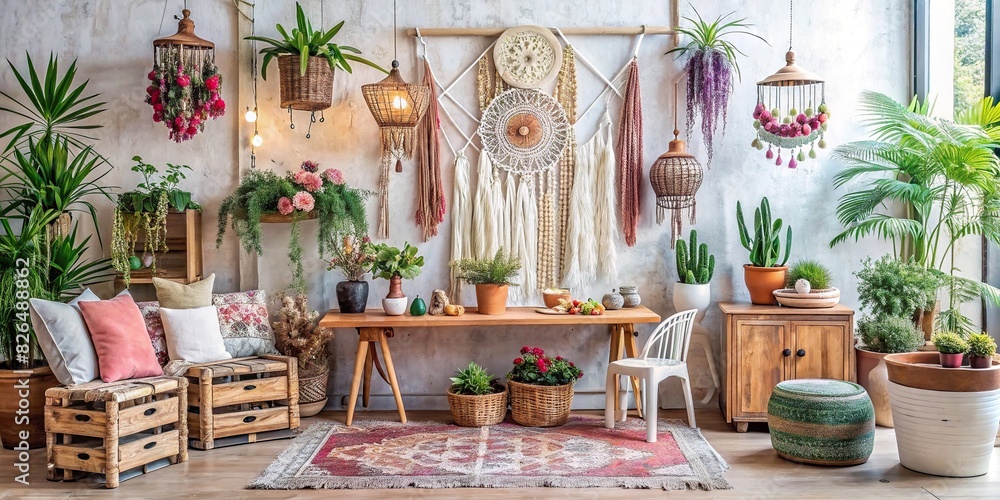 Boho-chic scene featuring products with a watercolor design in a clear area