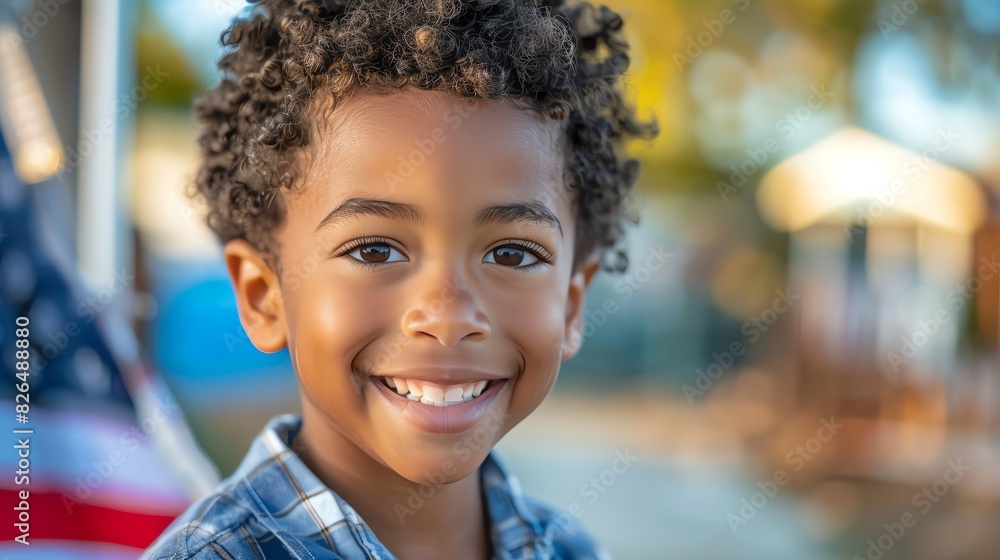 Happy child with curly hair smiling outdoors, standing in front of an American flag with a blurry background. Happy child with curly hair smiling outdoors, standing in front of an American flag with a blurry background.