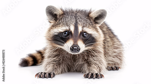 Playful raccoon with a mischievous expression on a white background photo