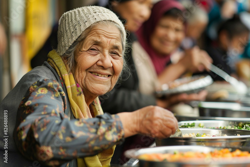 Elderly woman gets free food at a charity food distribution shelter. The concept of food sharing, distributing food to people in need. Help, mercy to people in need.