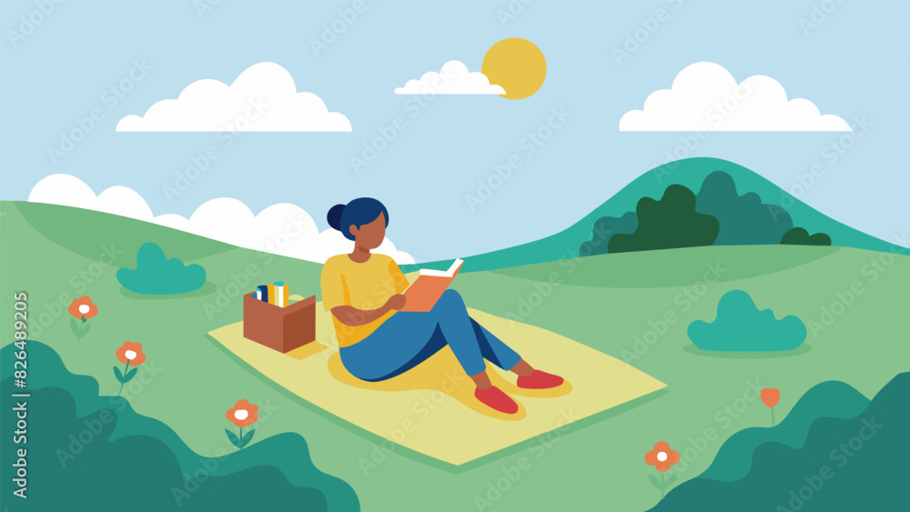 A picnic blanket spread out on a grassy knoll with a reader lounging in the warm sunlight and getting lost in a story.. Vector illustration