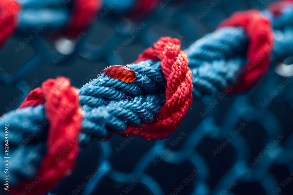 Red and blue ropes are intertwined together. Symbol of a strong team. Close-up on a blue background. Red and blue ropes are intertwined together. Symbol of a strong team. Close-up on a blue background.