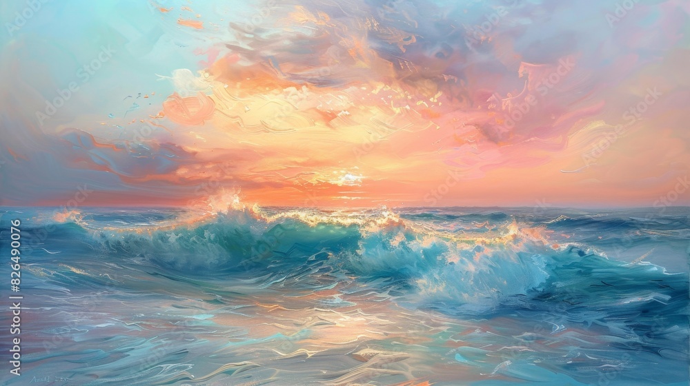 In a vibrant seascape painting, crashing ocean waves under a stunning sunset sky evoke feelings of tranquility and awe. In a vibrant seascape painting, crashing ocean waves under a stunning sunset sky evoke feelings of tranquility and awe.