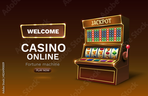 Casino 777 banner slots machine winner, jackpot fortune of luck. Vector illustration