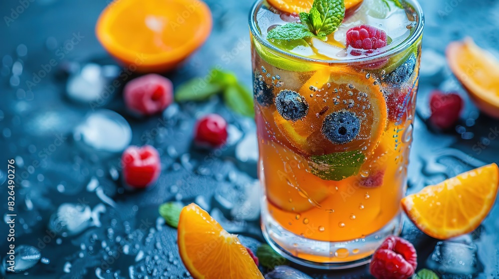 Summer drinks, Refreshing summer drink with orange, blueberry, raspberry, and mint.